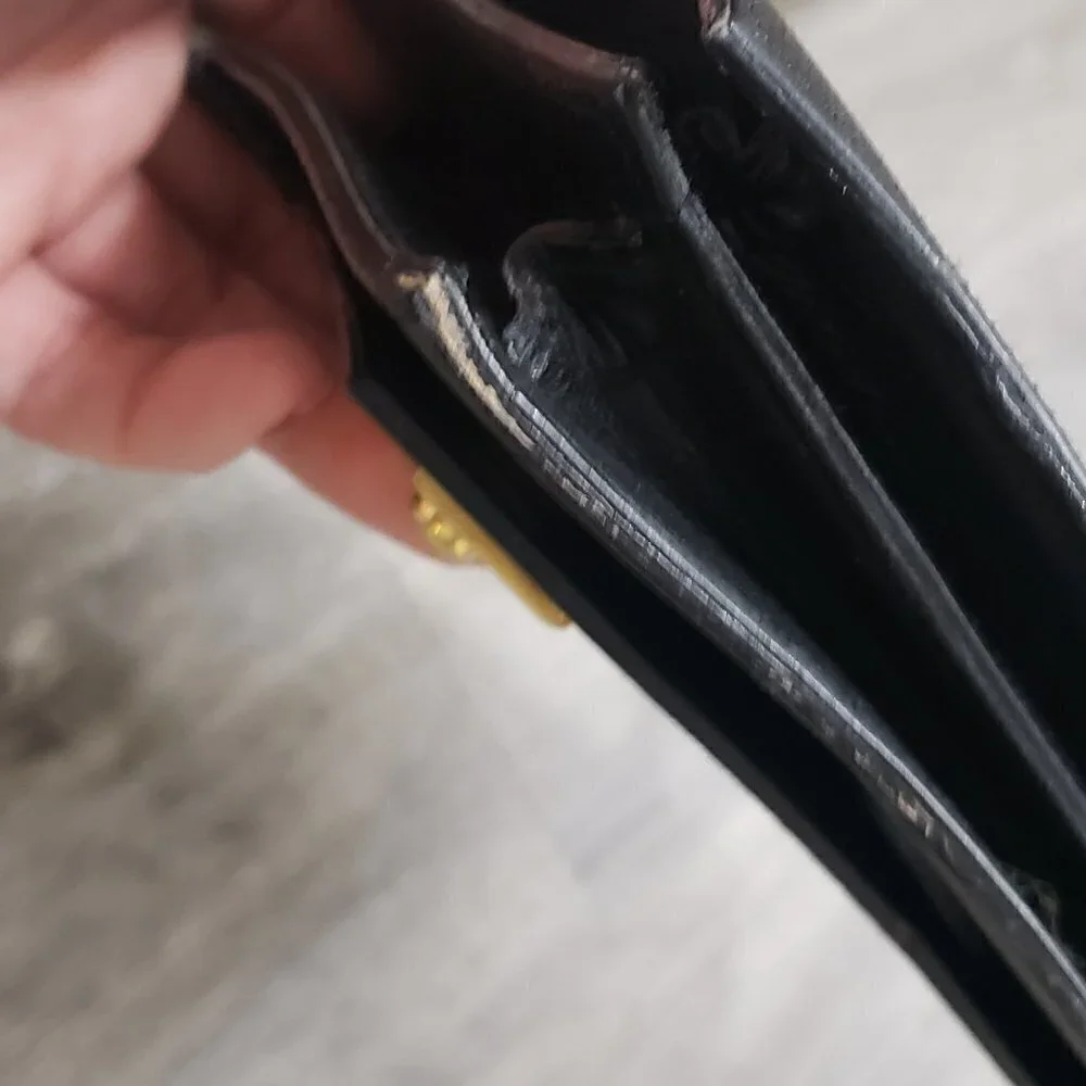 Vintage Genuine Leather Top Handle Handbag Black Gold - Picture 6 of 10